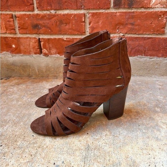 Carlos Santana 9 Brown Suede Gladiator Caged Peeptoe Chunky Heels Ankle Boots - Picture 1 of 8